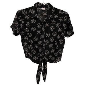 Spirit Halloween Pentagram All-Over Graphic Button Up Tie Blouse